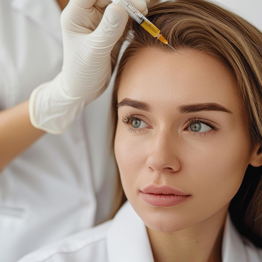 Mujer recibiendo un tratamiento estético inyectable en la frente.