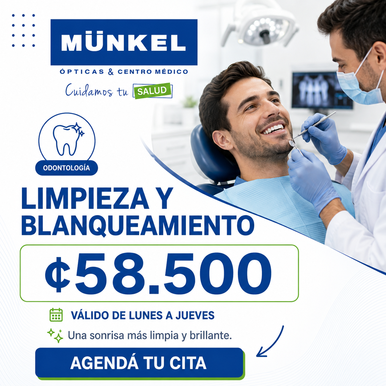 Promoción de limpieza y blanqueamiento dental en Centro Médico Munkel por ₡58.500.